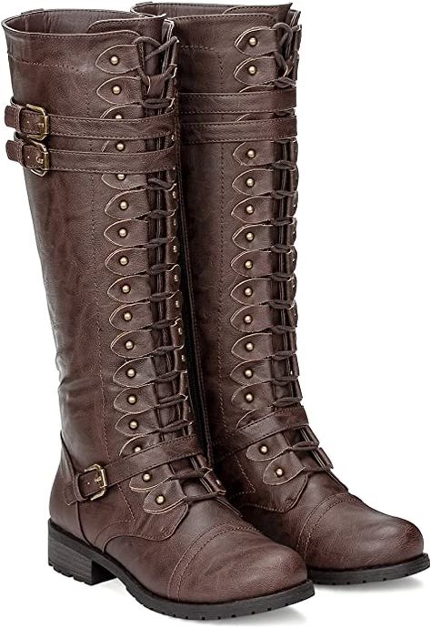 Knee High Fitted Boots, Medieval Boots Women, Dnd Boots, Cottagecore Boots, Fantasy Boots, Knee High Lace Up Boots, Leather Combat Boots Women, Combat Boots Brown, Brown Lace Up Boots