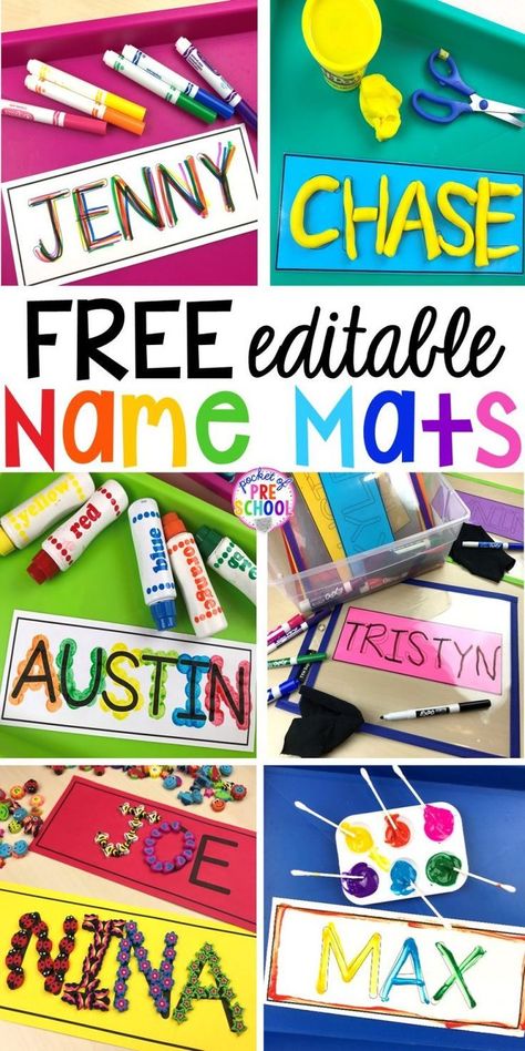 FREE Editable Name MATS perfect to use all over the classroom to help preschool, pre-k, and kindergarten kiddos learn their names. #names #preschool #learnnames #pre-k #namecards Kindergarten Tutoring Ideas, Name Art For Kindergarten, Busy Activities For Preschoolers, Name Activities For Kindergarten, Writing Preschool, Literacy Preschool, Name Activities Preschool, Kindergarten Names, Preschool Names