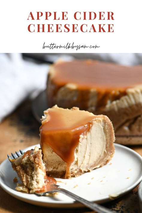 slice of apple cider cheesecake on a plate with a bite taken out of it Apple Cider Cheesecake Recipe, Apple Cider Donut Cheesecake, Caramel Apple Cider Cookies Recipes, Cheesecake Fall Recipes, Must Try Baking Recipes, Apple Spice Cheesecake, Cozy Deserts, Cheesecake Recipes Fall, Cheesecake Flight