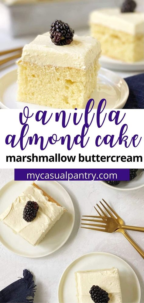 This heavenly vanilla almond cake starts with boxed cake mix and is topped with the most dreamy almond marshmallow buttercream frosting. A touch of almond and vanilla adds a homemade taste. This cake is perfect for casual treats or special occasions alike. White Cake Mix Recipes Boxed Almond, White Almond Cake Recipe Easy, Cake Mix Almond Cake, Almond Wedding Cake Recipe From Mix Boxes, French Vanilla Cake Mix Recipes Boxed, Almond Desserts Easy, Almond Cupcakes From Box Cake, Recipes With Vanilla Cake Mix Boxes, Box Vanilla Cake Mix Recipes