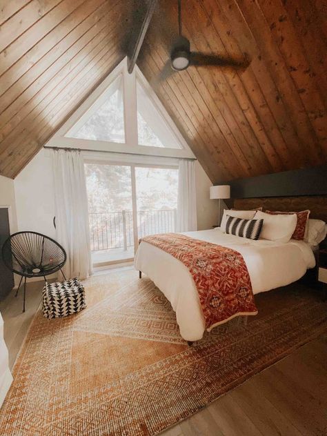 A-frame Interior, Lake Arrowhead California, Bedroom Frames, Cabin Bedroom, Georgia Homes, Lake Arrowhead, Comfy Couch, Tiny Cabin, House Beds