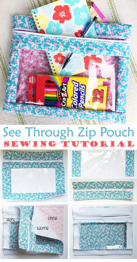 See Through Zip Pouch Tutorial Quilted Project Bag Pattern, Clear Zipper Pouch Tutorial, Vinyl Zipper Pouch Tutorial, Teacher Sewing Projects, Vinyl Pouches Diy, Vinyl Pouches Tutorial, Clear Pouch Diy, Vinyl Bags Diy Zipper Pouch, Vinyl Bags Diy Tutorials