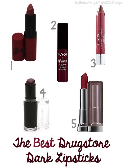 The BEST Dark Drugstore Lipsticks - eyeliner wings & pretty things Dark Vampy Lipstick, Best Dark Lipstick, Eye Shadow Pallets, Vampy Lipstick, Eyeliner Wings, Lipstick Dark Red, Vampy Lips, Drugstore Lipstick, Burgundy Lipstick