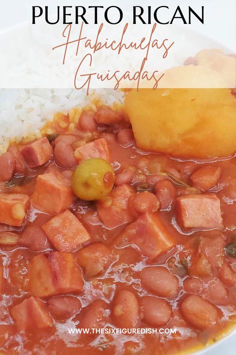 These Puerto Rican habichuelas guisadas or stewed beans are the ultimate weeknight meal. Delicious pink beans are simmered with ham, potatoes and Spanish olives for a traditional recipe the entire family will love! #puertoricanrecipes #habichuelas #puertoricanfood #puertoricanhabichuelas Puerto Rican Ham Soup, Pink Beans Puerto Rican, Goya Pink Beans Recipe, Puerto Rican Pink Beans Recipe, Habichuelas Guisadas Puerto Rico, Pink Beans Recipe, Spanish Beans Recipe, Puerto Rican Rice And Beans, Puerto Rican Beans