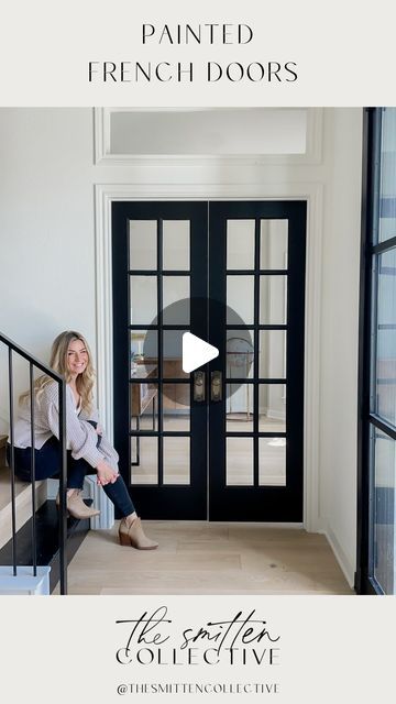 Krystal Smit on Instagram: "I didn't DIY much (ok, really any) of our greater remodel, but I did paint these french doors black and I'm obsessed! And it was made pretty easy by using this magical masking liquid (and extremely satisfying peeling it off). Like an old school face mask for your window panes 💁🏼‍♀️ I finished them off with new vintage inspired brass knobs, and love how they turned out! 🖤  If you're tackling a project like this, or windows, or even something like a mirror - you need this stuff! . . . . . . . #diyproject #frenchdoors #paintitblack #diyinspiration #beforeandafter #diy" Paint French Doors Black, Paint Old Windows, Interior French Door Ideas, Black French Doors Interior, Black Front Door Interior, French Doors Black, Black French Door, Masking Liquid, Painted French Doors