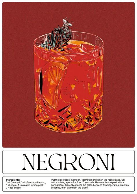 Illustrated drink poster with procreate Wall decoration for a bar Fine Art print on museum paper Pink Night Aesthetic, Strong Color Palette, Negroni Poster, Aesthetic Pasta, Funny Cooking, Cocktail Illustration, Drink Poster, Aesthetic Orange, Trendy Food