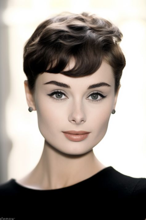 The classic pixie hairstyle inspired by Audrey Hepburn exudes elegance and suits face shapes including oval faces. This timeless haircut is particularly flattering for fine hair and requires minimal maintenance. Click here to check out more cute pixie haircuts trending for 2023. Pixie Haircuts For Oval Faces, Audrey Hepburn Pixie Haircut, Short Elegant Haircut, Short Haïr Cut For Oval Face, Audrey Hepburn Haircut, Pixie Cut Oval Face, Pixie Haircut Wavy Hair, Audrey Hepburn Short Hair, Pixie Cuts For Oval Faces