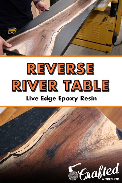 Learn how to build this live edge epoxy resin "reverse river" table! I made this table with a Walnut live edge slab cast in black metallic epoxy resin, with a Maple base! Love Edge Epoxy Table, Diy Epoxy Live Edge Countertop, Live Edge Table Epoxy, Live Edge Epoxy Coffee Table, Epoxy River Table Diy, Live Edge Epoxy Dining Table, Live Edge Epoxy Table, Live Edge River Table, Live Edge Countertop