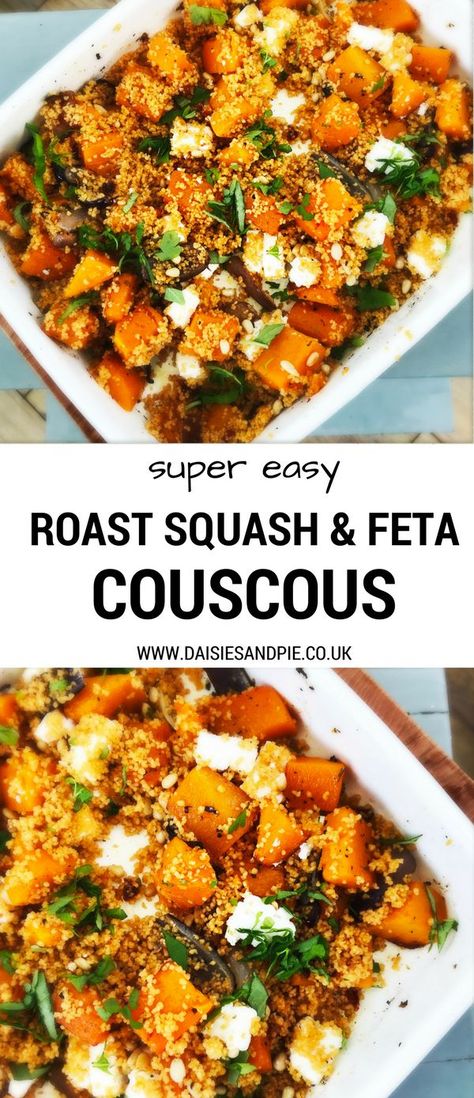 Super easy vegetarian roast butternut squash and feta couscous, quick and easy vegetarian dinner recipe fab for midweek, easy family food Feta Couscous, Vegetarische Diners, Roast Squash, Roast Butternut Squash, Couscous Dishes, Sandwich Vegetarian, Easy Suppers, Vegetarian Roast, Cooking Vegetables