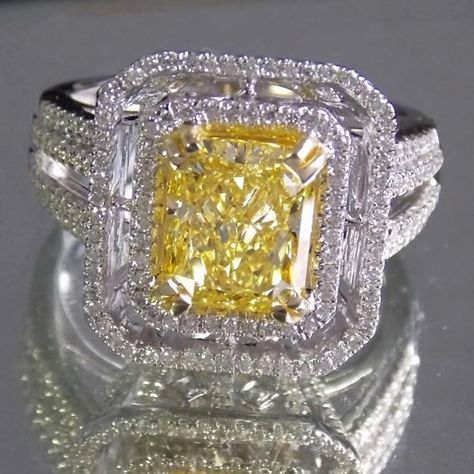 3.01 Ct Center Stone Untreated Natural Yellow Diamond by Gemsbytlc Neiman Marcus Jewelry, Canary Yellow Diamonds, Canary Diamond, Yellow Diamond Rings, Claw Prong, Canary Yellow, Double Halo, Yellow Diamond, Womens Jewelry Rings