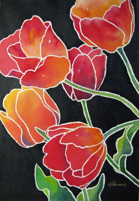 Vitromosaico Ideas, Silk Painting Techniques, Floral Foliage, Batik Art, Silk Scarf Painting, Purple Tulips, Tulip Design, Silk Art, Plant Drawing