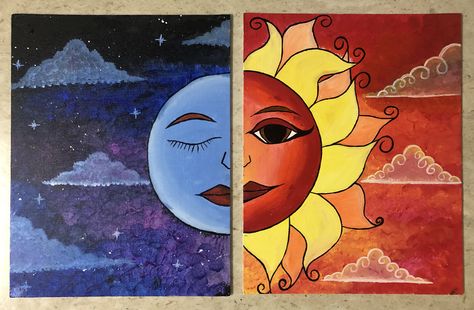 Canvas painting idea, 2 boards of size 14” x 18” Sun, Art, 14x18 Canvas Painting Ideas, Canvas Painting Ideas, Sun And Moon, Painting Ideas, Canvas Painting, Moon, Canvas