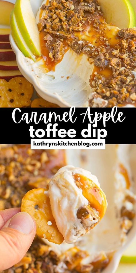 Cream Cheese Caramel Apple Dip (With Toffee Bits) Caramel Cream Cheese Dip For Apples, Toffee Cheesecake Dip, Skor Dip Cream Cheese, Caramel Apple Dip With Toffee Bits, Heath Bar Dip Cream Cheese, Fall Apple Dip Recipes, Apple Caramel Dip Cream Cheese, Toffee Apple Dip Recipe, Heath Apple Dip Toffee Bits