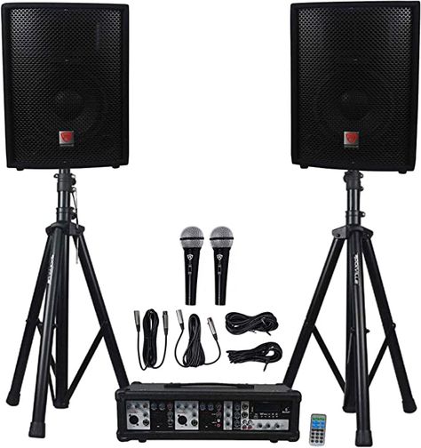 Amazon.com: Rockville Package PA System Mixer/Amp+10" Speakers+Stands+Mics+Bluetooth, (RPG2X10) : Musical Instruments Speakers Stands, Best Sound System, Stand Mic, Pa System Speakers, Dj System, Speaker Cables, Sound System Speakers, Speaker Bluetooth, Party Speakers