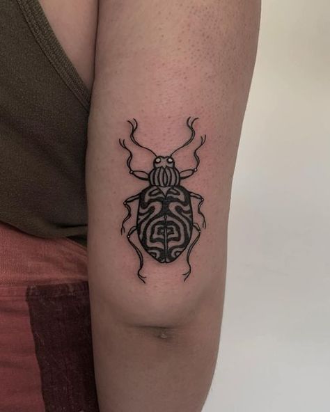 chloe on Instagram: "Love a good Beetle!! 🖤 thankyou lovely!! . . . . . . . . #tattooapprentice #dotworktattoo #beetletattoo #flashtattoo #patchworktattoo #femaletattooartist #armtattoos #blackworktattoo #blackworktattoos #insecttattoo" Beetle Tattoo Design Simple, Beatle Tattoo Design, Traditional Beetle Tattoo, Cool Bug Tattoos, Small Beetle Tattoo, Beetle Tattoos, Matching Bug Tattoos, Simple Bug Tattoo, Small Insect Tattoo