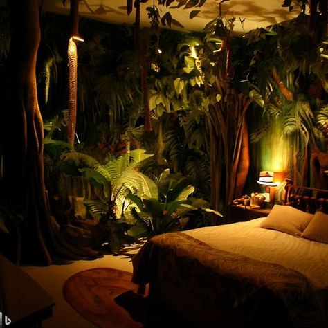 Rainforest Aesthetic Room, Rain Forest Bedroom Kids, Jungle Theme House Decor, Tropical Goth Bedroom, Jungle Master Suite, Jungle Theme Apartment, Jungle Style Bedroom, Rain Forest Theme Bedroom, Jungle Vibes Bedroom