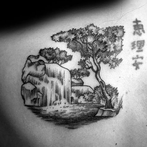 Detailed Black And Grey Japanese Guys Waterfall Back Tattoo Traditional Waterfall Tattoo, Waterfall Mountain Tattoo, Waterfall Sketch Simple, Japanese River Tattoo, Japanese Tattoos Love, Japanese Waterfall Tattoo, Waterfall Tattoos, Waterfall Tattoo, Lake Tattoo