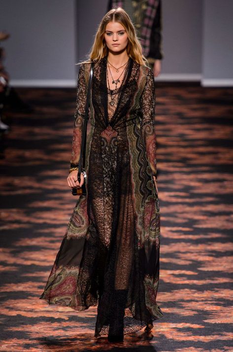 Fashion show, Runway, Fashion model, Style, Dress, Fashion, Beauty, Model, Haute couture, Long hair, Dark Romanticism Aesthetic Outfit, High Fashion Witch, Bohemian Runway, Etro Runway, Dark Romanticism, Look Kimono, Psych Rock, Etro Dress, 70s Bohemian