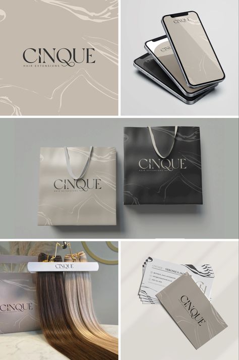 Luxury In Every Strand - Logos, Business Cards, Packaging & Social Templates created for a Hair Extensions brand - Designed by Claire Marie Designs Luxury Hair Packaging, Hair Business Packaging Ideas, Hair Salon Mood Board, Hair Brand Logo Ideas, Hair Care Logo, Hair Extensions Business, Hair Brand Logo, Hair Extensions Instagram Feed, Hair Extensions Logo