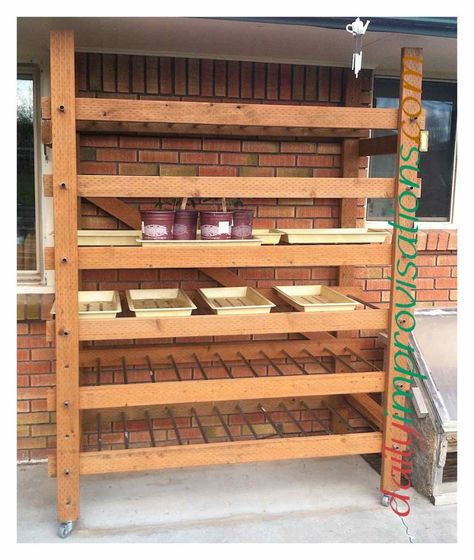 Outdoor Seedling Station, Seedling Shelves, Seedling Station, Diy Wall Unit, Hardening Off Seedlings, Diy Storage Projects, Outdoor Potting Bench, Outdoor Shelves, Plants And Gardening