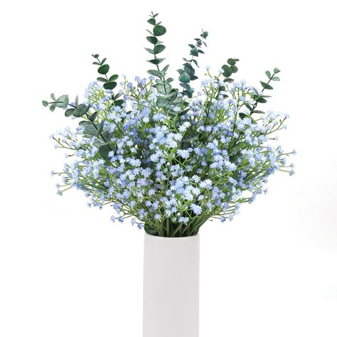 PRICES MAY VARY. 💚What you get : Total 18pcs.Package includes 8pcs artificial eucalyptus leaves stems and 10pcs artificial blue babys breath stems. 💛Size: Each eucalyptus stem is approximately 16.9 inches high,each stem about 32 pcs eucalyptus leaves. Lifelike artificial baby's breath bush 20.5inches high.The stems are iron wire inside, you can bend the branch into different shapes or cut any height you want. 💚Material: Made of silk and plastic material. The plastic waterproof stems are wired Faux Floral Arrangement Wedding, Peter Rabbit Baby Shower Centerpieces, Green And Blue Centerpieces, Work Baby Shower Decorations, Beachy Floral Arrangements, Baby Breath Baby Shower Decor, Eucalyptus And Baby Breath Centerpiece, Coastal Flower Arrangements, Centerpiece Baby Shower Boy