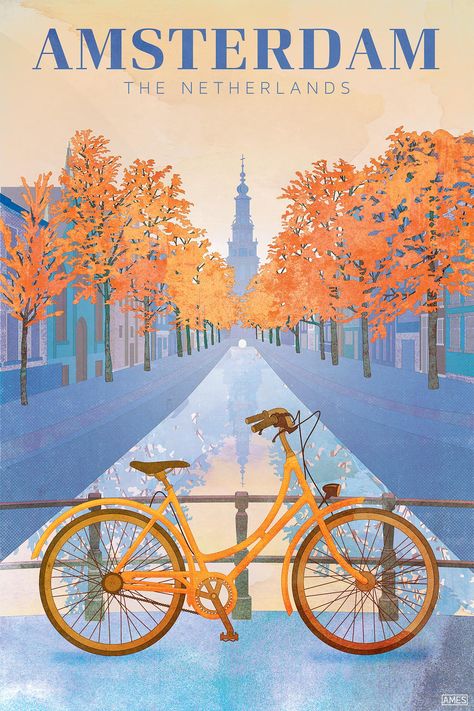 The perfect gift for the world traveler! Travel Poster featuring the canals and bikes of Amsterdam.  By artist Missy Ames. Retro Location Posters, Travel Wall Prints, Amsterdam Aesthetic Vintage, Netherlands Illustration, Vintage Posters Travel, Amsterdam Illustration, Destination Poster, Netherlands Poster, Travel Posters Vintage