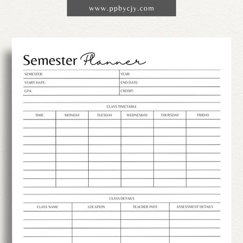 Stay ahead of your academic goals with our Semester Planner Printable Template! Designed for students, this planner helps you organize your entire semester with ease. Track your classes, assignments, exams, and extracurricular activities all in one place to ensure you never miss a deadline. Our template features sections for scheduling weekly classes, managing assignments and due dates, and noting important exam dates. With ample space for personal reminders and goal-setting, this planner is per Semester Planner Template, Free Printable Weekly Planner Template, Semester Planner, Social Media Planner Template, Student Daily Planner, Class Timetable, Teacher Info, Academic Life, Travel Planner Template