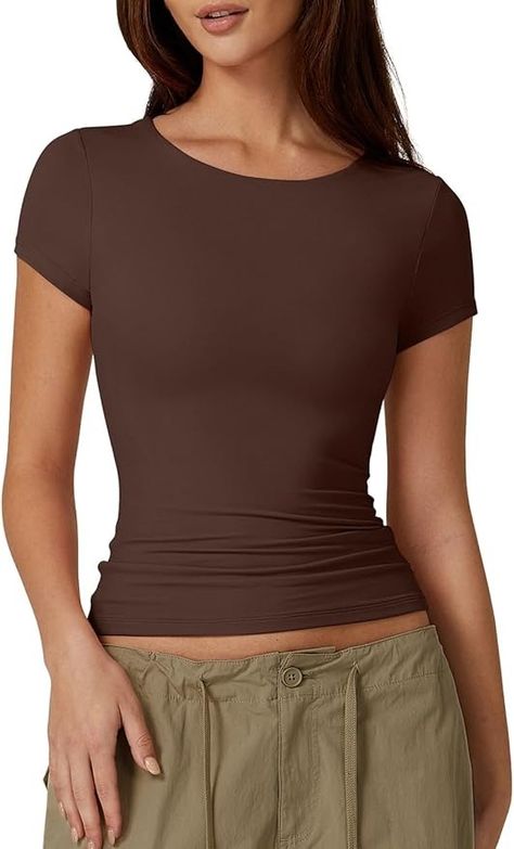 QINSEN Crop Tops for Women Crewneck Short Sleeve T Shirts Summer Y2K Going Out Top, Coffee Bean Medium at Amazon Women’s Clothing store Cheap Fitted Basic Cropped T-shirt, Brown Basic Short Sleeve Shirt, Cheap Casual Brown T-shirt, Fitted Basic Brown T-shirt, T Shirt Basic, Cheap Brown Relaxed Fit T-shirt, Bodysuit Designs, Y2k Tops, Statement Outfit