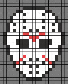 Jason Voorhees Cross Stitch, Jason Cross Stitch, Perler Bead Skull Patterns, Horror Kandi Patterns, Jason Crochet Pattern, Pearler Bead Halloween Patterns, Crochet Grid Patterns Horror, Mcr Tapestry, Pixel Art Grid Halloween