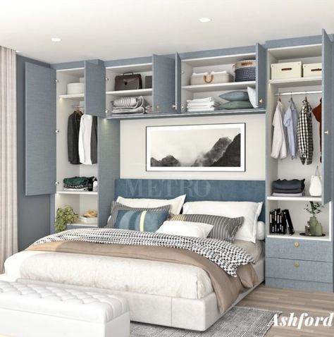 Bed With Built In Storage, Over Bed Units, Bedroom With Wardrobe On Both Sides, Wardrobe Headboard Built Ins, Bed With Cabinets Around, Overbed Wardrobe Small Spaces, Diy Bedroom Built Ins Around Bed, Built In Double Bed With Storage, Storage Cabinet Above Bed