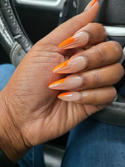 Almond nails, acrylic nails, orange minimalist nails Orange Nail Designs Almond Shape, November Almond Nails Designs, Orange Minimalist Nails, Orange Outline Nails, Orange Almond Nails Designs, Orange Nail Designs Almond, Orange Nails Almond Shape, Burnt Orange Almond Nails, Orange Almond Acrylic Nails