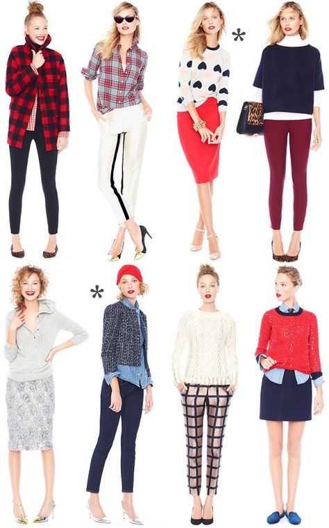 jcrew looks we love holiday christmas red plaid sequins heart metallic coat sweater pencil skirt trousers denim outfits J Crew Outfits, Teen Style, Basic Wardrobe, Casual Fridays, J Crew Style, Style Japonais, Teacher Outfits, Fashion Mode, Looks Style