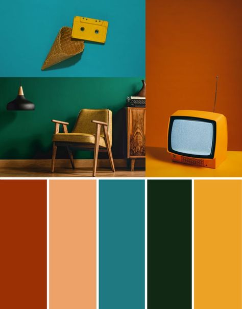 Fun, Bright, Bold, Neutral, Rust, Emerald Green, Retro, Mid Century Color Palette. Mid Century Colours Color Palettes, Modern Vintage Colour Palette, Rust And Green Palette, 70s Home Color Palette, Modern Mid Century Color Palette, 70s Interior Color Palette, 1970s Color Palette Interior Design, Mid Mod Color Palette, Retro Modern Color Palette