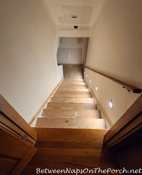 Staircase Going Down To Basement, Lights Going Up Stairs Staircases, Basement Stair Colors, Basement Staircase Lighting, Stairwell Lighting Ideas Stairways, Staircase Makeover Basement, How To Finish Stairs Basements, Basement Stair Lights, Basement Step Lighting