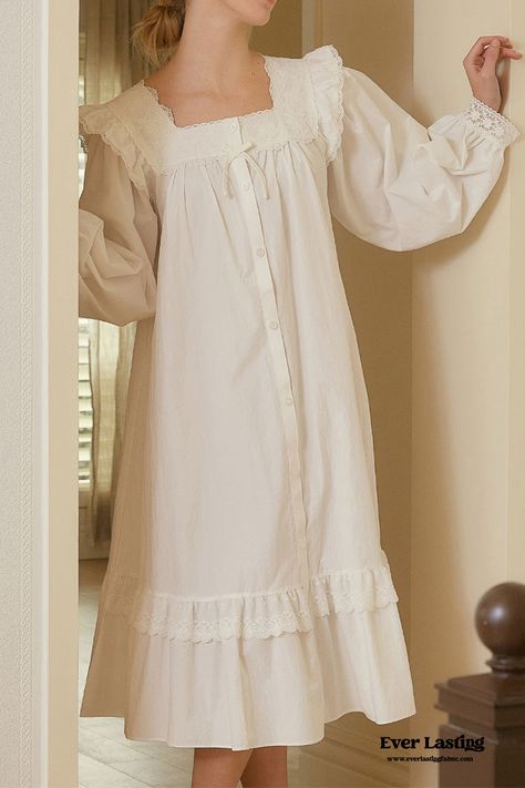 Indulge in timeless elegance with our Cottage Ruffle Lace Nightgown Dress. Crafted with delicate lace and adorned with charming ruffles, this nightgown exudes a romantic and feminine allure. The flowing silhouette offers comfort and freedom of movement, perfect for lounging in style or enjoying a peaceful night's sleep. Elevate your bedtime routine with this enchanting nightgown that combines classic beauty with modern comfort. Features: 100% Cotton Relax Fit Breathable (great for all seasons) M Dress Pajamas Nightgowns, Vintage Style Nightgown, Cottage Core Nightgown, Princess Night Dress, Cute Night Gowns For Women, Royal Sleeping Gown, 19th Century Nightgown, Nightgowns For Women Vintage, Vintage Sleeping Gown