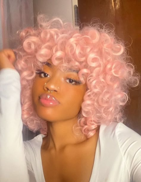 Pink Afro Aesthetic, Cotton Candy Hair Color Pastels, Light Pink Natural Hair, Light Pink Hair Black Women, Pastel Pink Curly Hair, Pink Curly Hair Black Women, Short Pink Curly Hair, Light Pink Hair Pastel, Light Pink Curly Hair