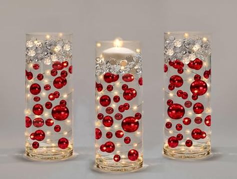 40th Anniversary Table Decorations, Xmas Party Centerpieces, Red And Gold Centerpieces, Vase Decorations, Red Centerpieces, Pearl Centerpiece, Light Images, Vase Fillers, Fairy String Lights