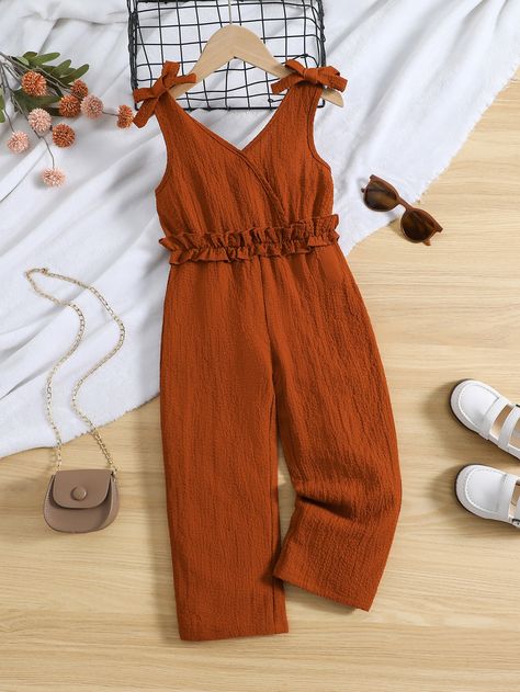 Rust Brown Cute Collar Sleeveless Woven Fabric Plain Overall Embellished Slight Stretch  Toddler Girls Clothing Couture, Jumsuit For Kids Girl, Baby Jumpsuit Girl, Kids Jumpsuit, Girls Jumpsuit, Toddler Jumpsuit, Indie Dresses, Jumpsuit For Kids, Kids Dress Patterns