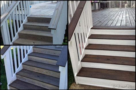 dark stain and white trim deck makeover - @Blair Munday got me inspired Deck Stain Colors, Deck Remodel, Deck Makeover, Porch Paint, Deck Colors, Deck Paint, Tech Deck, Staining Deck, Casa Exterior