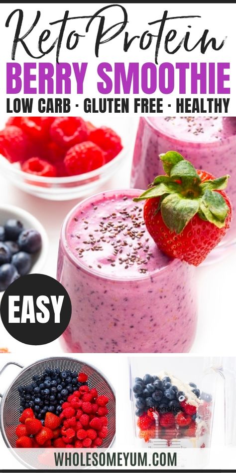 Keto Protein Berry Smoothie Keto Protein Shakes, High Protein Smoothie Recipes, Berry Protein Smoothie, Keto Protein Powder, Collagen Smoothie, Keto Breakfast Smoothie, Keto Protein, Protein Fruit, Keto Fruit