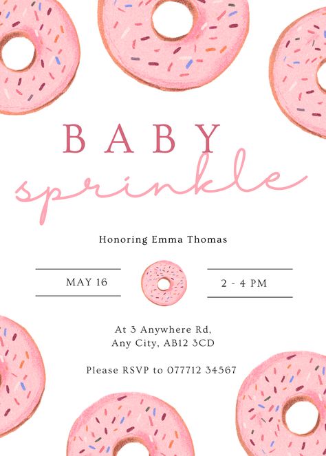 Sprinkle the sweetness and celebrate the imminent arrival of a little one with our pink sprinkle donut baby shower invitation template! This charming and deliciously cute design will have your guests craving for a delightful celebration filled with love and sprinkles. Pink Sprinkle Donut, Sprinkle Baby Shower Girl, Sprinkle Shower, Pink Donut, Sprinkle Donut, Sprinkle Baby Shower, Baby Girl Pink, Baby Shower Invitation Template