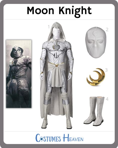 Create your own Moon Knight costume with a gothic touch for your next cosplay event. #moonknightcostume#moonknight#costumesheaven#costumeguide#cosplayguide#costume#cosplay Moon Knight Cosplay, Moon Knight Costume, Marc Spector, Cia Agent, Knight Costume, Cape Pattern, Goth Aesthetic, Moon Knight, Costume Cosplay