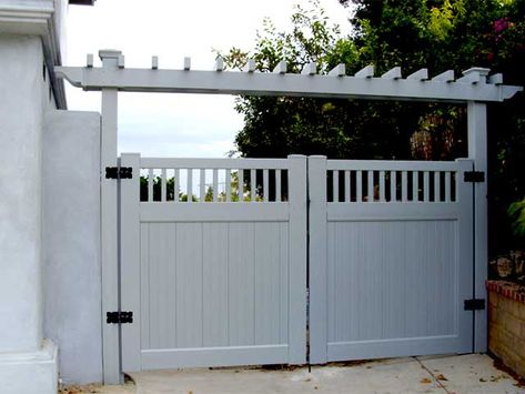 PVC Double Gate Gate Design Ideas, Wood Fence Gates, Vinyl Gates, Wooden Garden Gate, Backyard Gates, Garden Gates And Fencing, Yard Gate, Garden Gate Design, Fence Gate Design