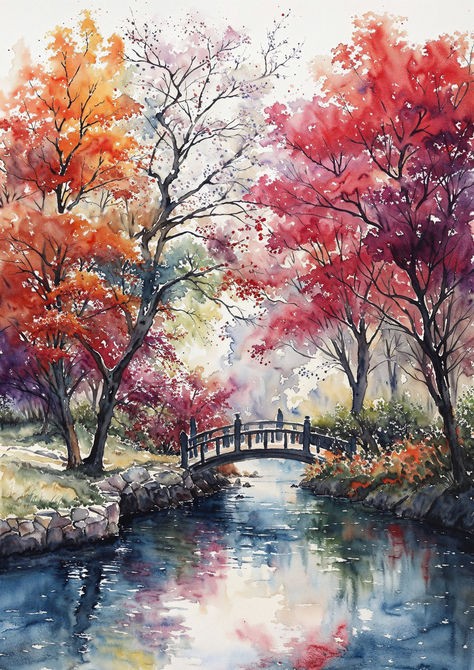 Cross the 'Bridge to Fall' and immerse yourself in autumn's colorful embrace. This watercolor bridge is a gateway to a world where every hue tells a story of change and beauty. Landscape Ideas Watercolor, Autumn Landscape Drawing, Bridge Art Paintings, Autumn Watercolor Paintings, Nature Watercolor Paintings, Watercolor Bridge, Landscape Watercolor Paintings, Bridge Pictures, Watercolour Nature