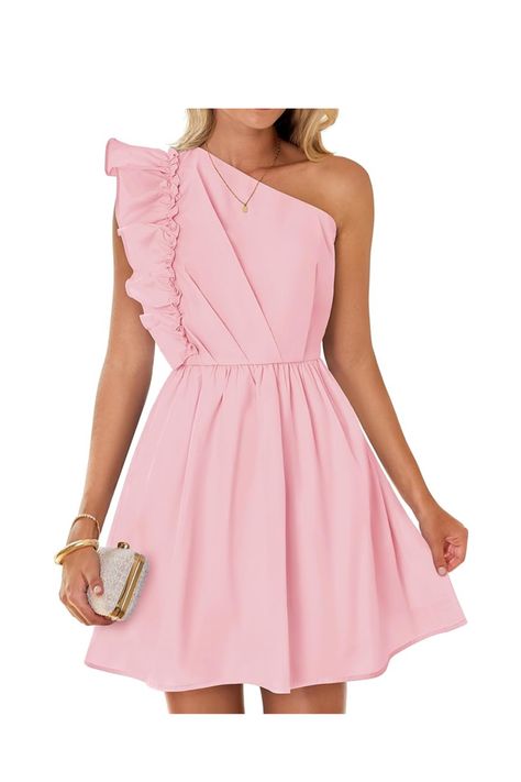 Available on Amazon is this one shoulder, pink short dress. This dress is perfect for rush and recruitment, and would stand out. This dress would also match any kind of jewelry, gold, or silver, and heels to match. Mini Dresses, Pink Short Dress, One Shoulder Ruffle Dress, Pink Dress Short, Shoulder Ruffle Dress, Dress 2024, Luxury Store, Pink Shorts, Jewelry Gold