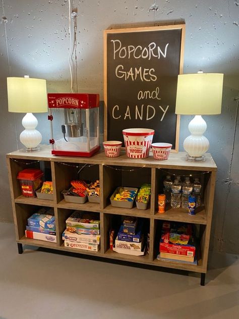 Snack Bar For Game Room, Game Room Gifts, Chic Game Room Ideas, Playroom Snack Bar, Basement Playroom Movie Room, Popcorn Bar Home Theater, Garage Snack Bar, Game Room Family Room Ideas, Bedroom Movie Theater