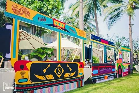 Unique Food Stall Decor Ideas - Shaadiwish Sangeet Food Stalls, Food Festival Stall Ideas, Indian Food Stall Decor, Food Stalls Decoration Ideas, Food Fest Stall Decoration Ideas, Food Fest Decoration Ideas, Festival Food Stalls, Stalls Decoration Ideas, Holi Event Decor