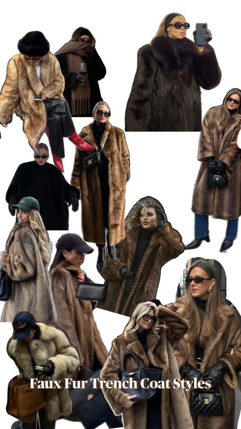 This is a collage to take style inspo for my trench coats of similar colors and furs. How To Style A Fur Coat, Faux Coat Outfit, Fake Fur Coat Outfit, Fur Coat Outfit Aesthetic, Faux Fur Coats Outfit, Fake Fur Coat, Fur Trench Coat, Vintage Fur Coat, Fur Coat Outfit