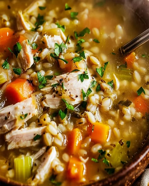 Chicken Barley Soup Recipe: Comforting & Healthy Dinner Idea Chicken Soup With Barley Recipe, Cooked Barley Recipes, Chicken And Barley Soup Recipes, Creamy Chicken Barley Soup, Chicken Barley Soup Instant Pot, Barley Chicken Soup, Chicken Barley Stew, Chicken And Barley Recipes, Chicken And Bean Soup Recipes