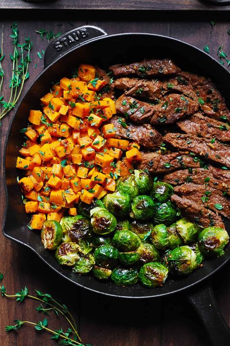 Garlic Butter Steak with Brussels Sprouts and Butternut Squash in a cast-iron skillet Fiber Veggies, Brussels Sprouts And Butternut Squash, Brussels Sprouts And Sweet Potatoes, Butter Steak, Garlic Butter Steak, Chicken Easy, Health Dinner, Health Dinner Recipes, Fall Dinner